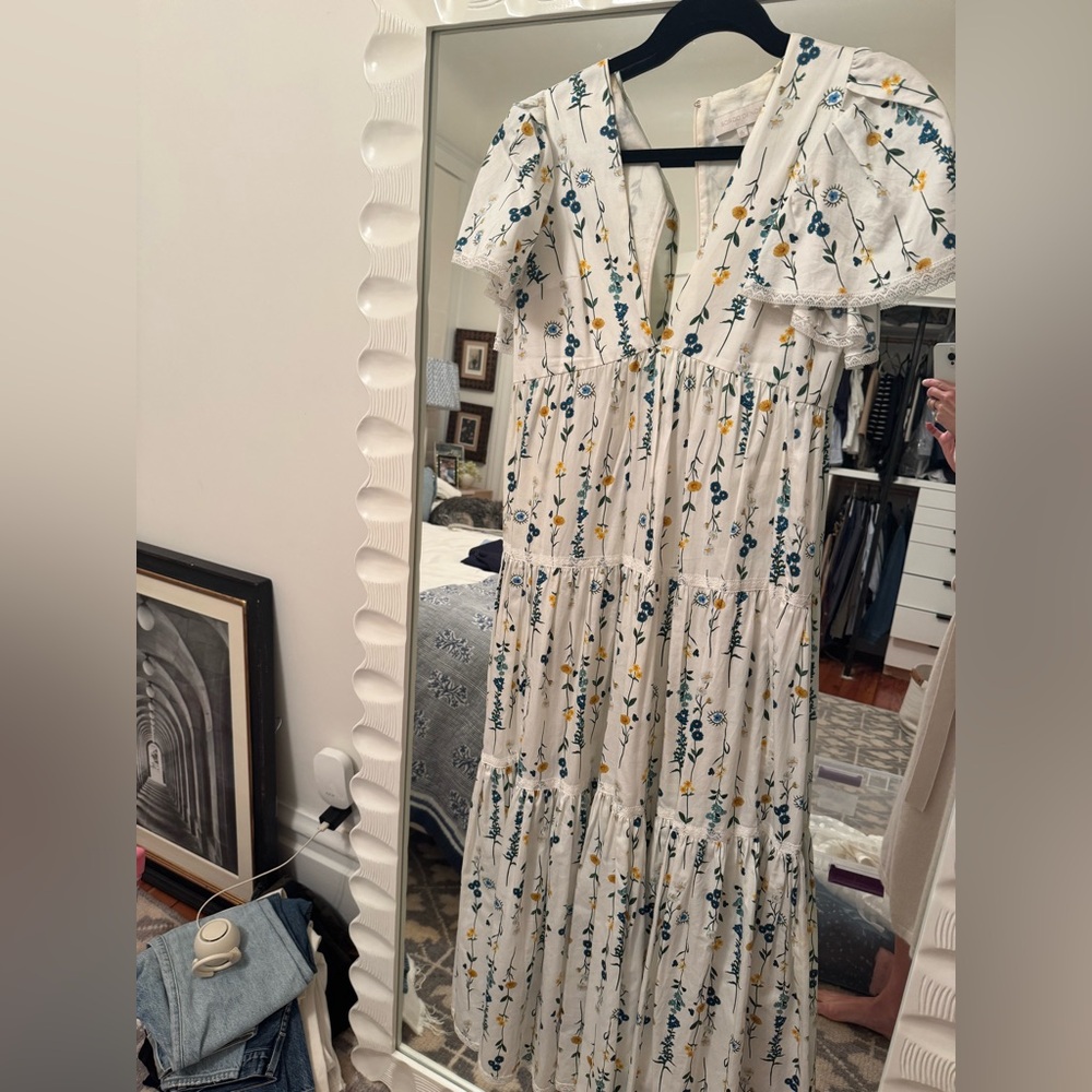 Borgo De Nor White Maxi Dress with Blue and Yellow Floral Design